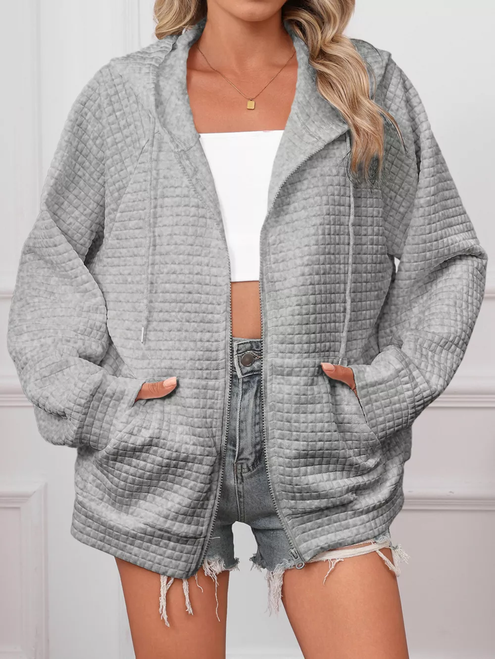 Full Size Textured Quilted Zip-Up Hooded Jacket Plus Size, image 10