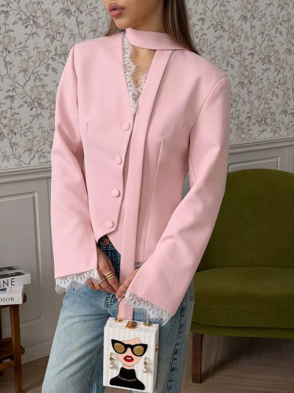 Lace Trim Button Up Blazer, image 3
