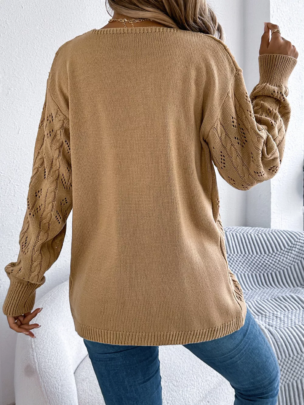 Openwork Open Front Long Sleeve Cardigan, image 3