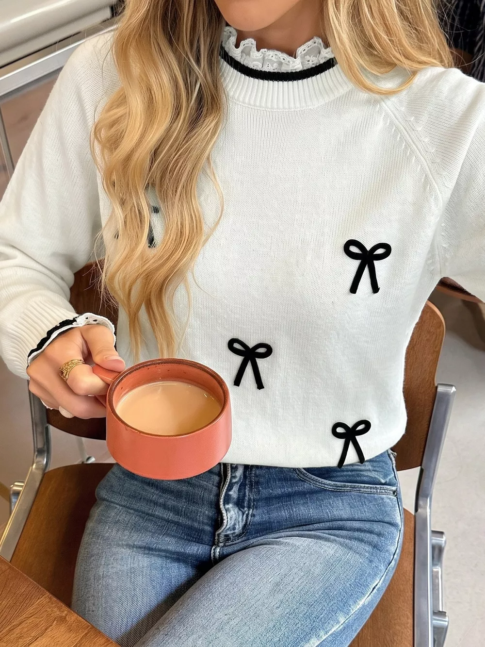 Bow-Embellished Lace Trim Sweater, image 3
