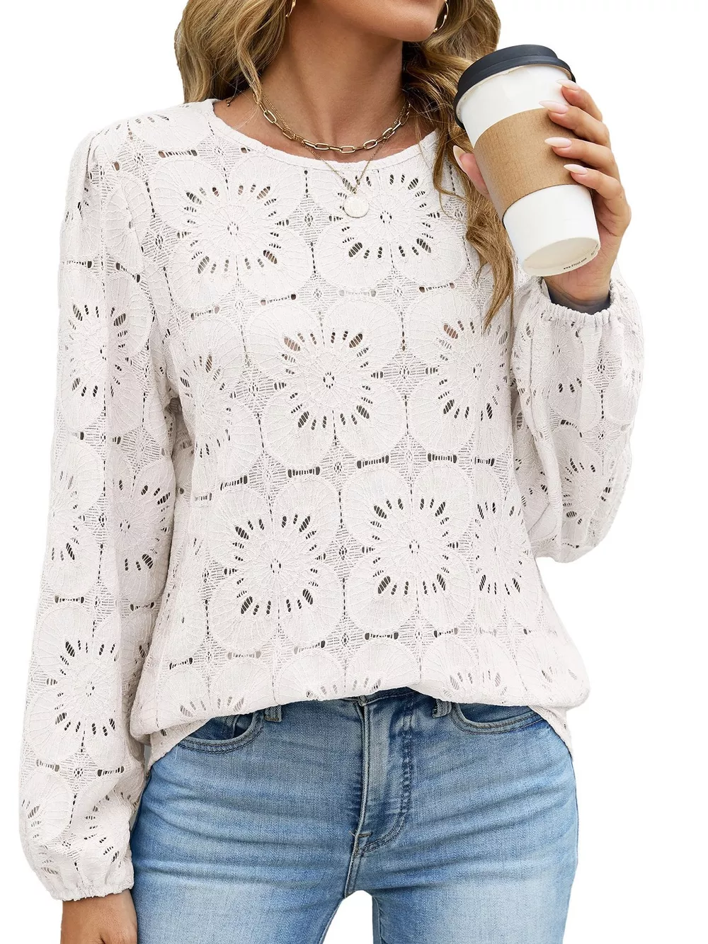 Floral Eyelet Lace Long Sleeve Blouse, image 21