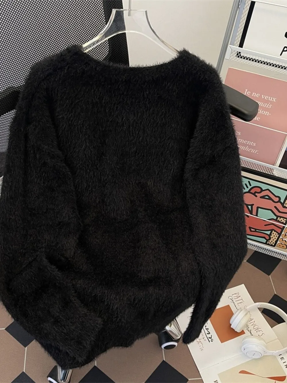 Men's Plus Size Fluffy Butterfly Round Neck Sweater, image 2