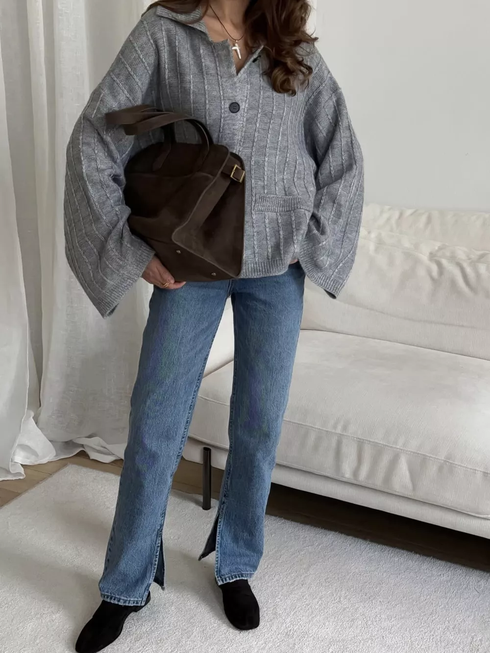 Texture Knit Cardigan with Wide Sleeves and Collar, image 4