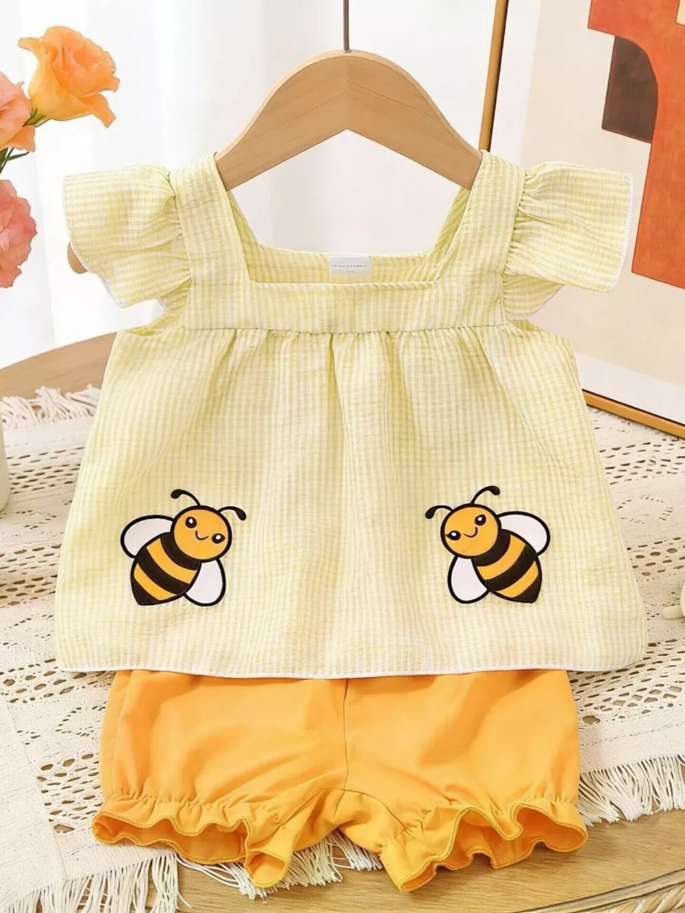 Children's Bee Embroidered Ruffle Trim Top and Shorts Set
