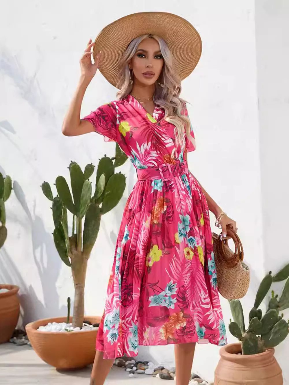 Pleated Tropical Print Belted Midi Dress, image 4
