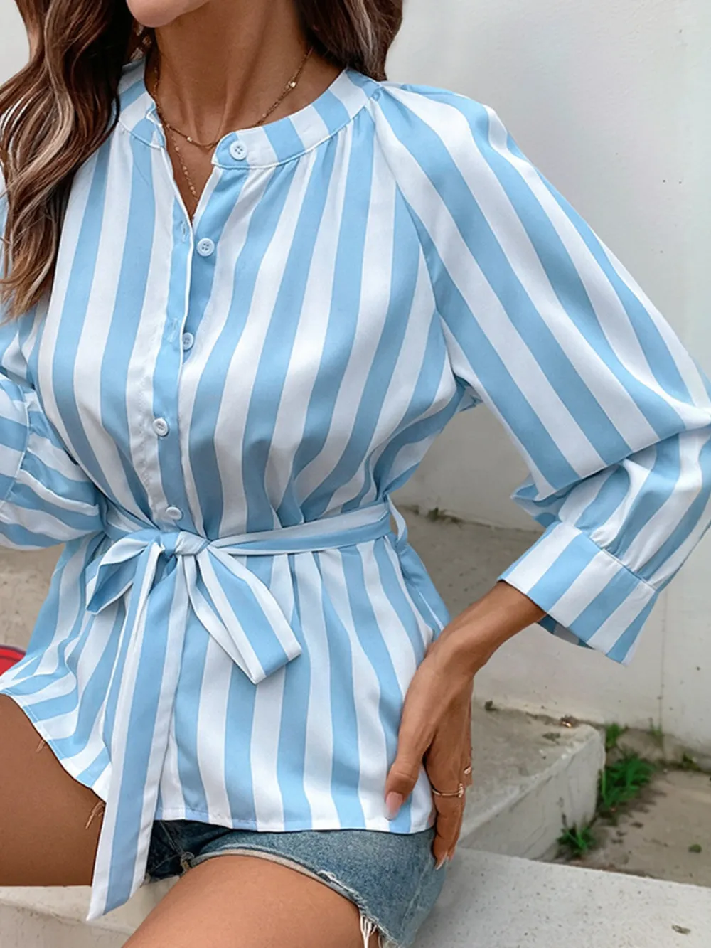 Striped Tie Waist Button Down Shirt, image 2