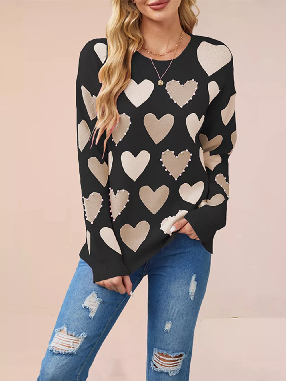 Heart Pattern Pearl Embellishments Sweater, image 4