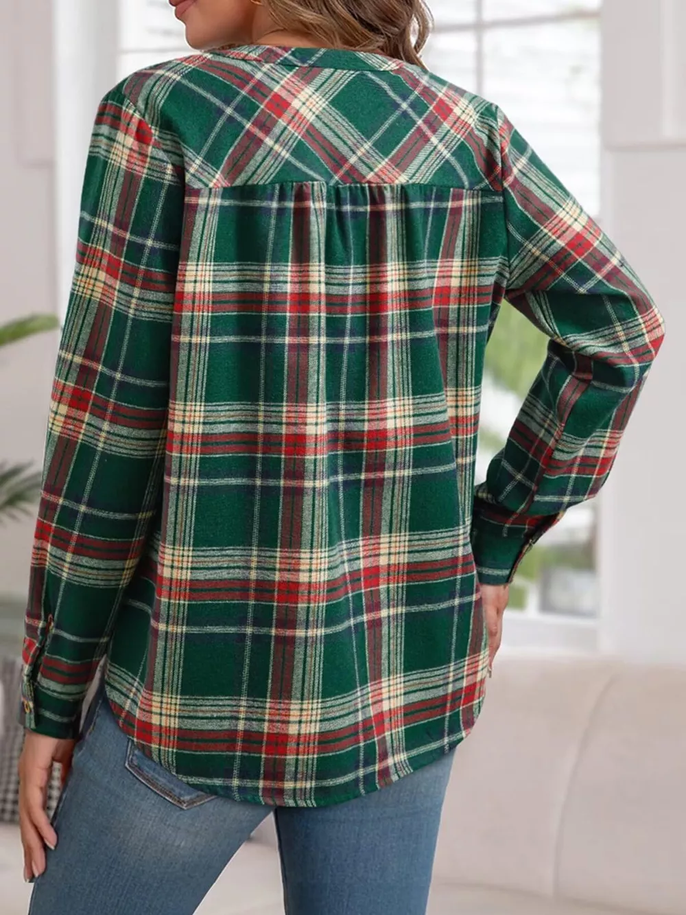 Plaid Half Button Long Sleeve Blouse, image 14