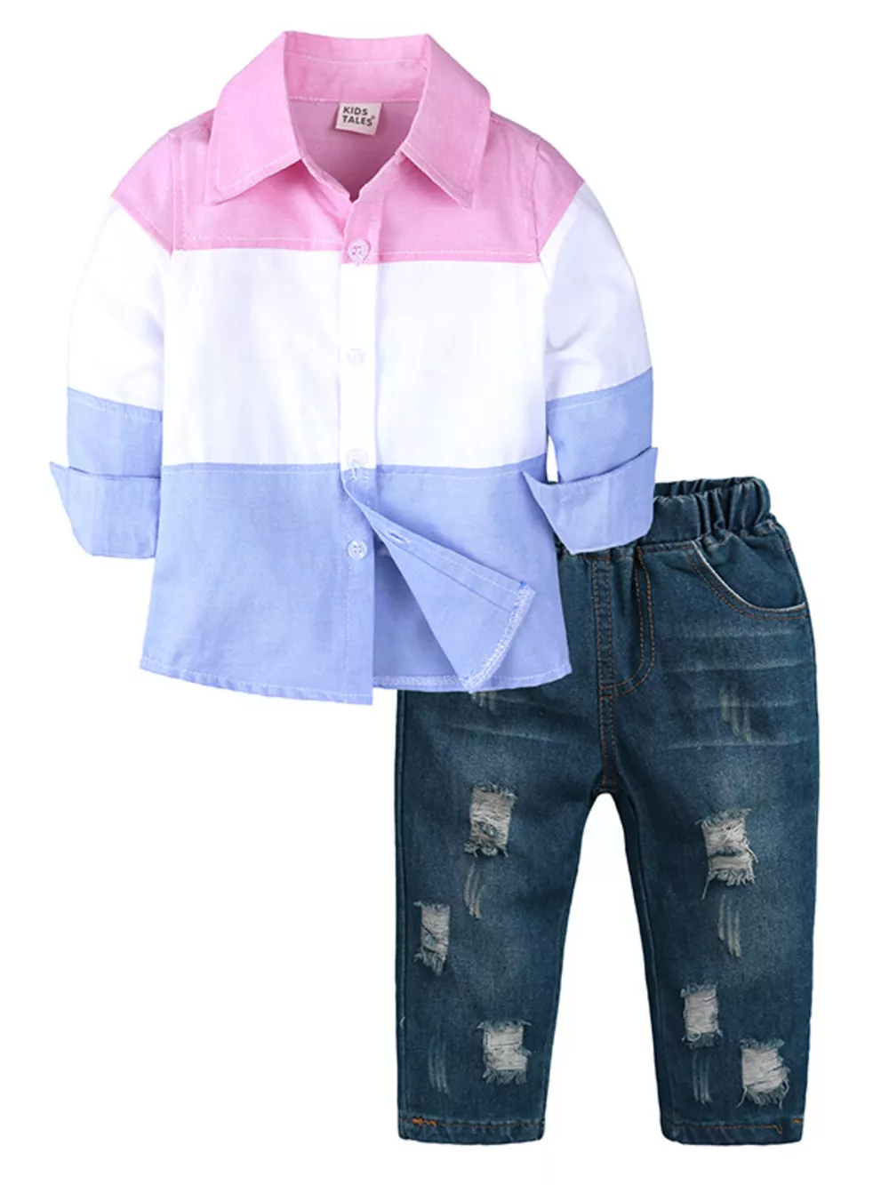 Children's Color Block Shirt & Ripped Jeans Set, image 2