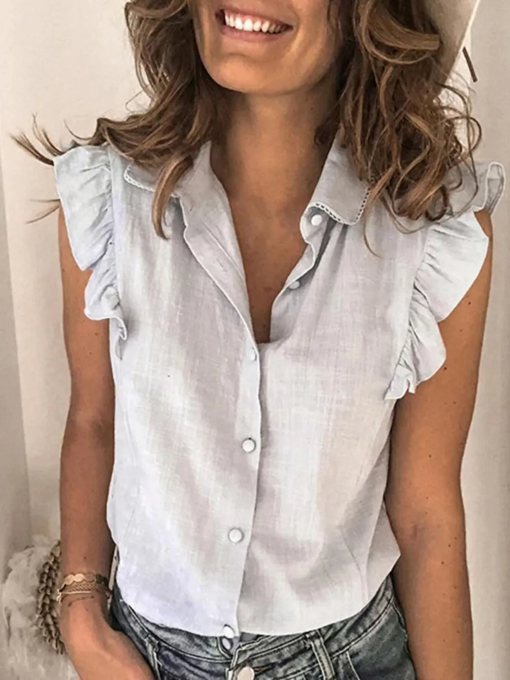 Ruffle Sleeve Button-Up Shirt