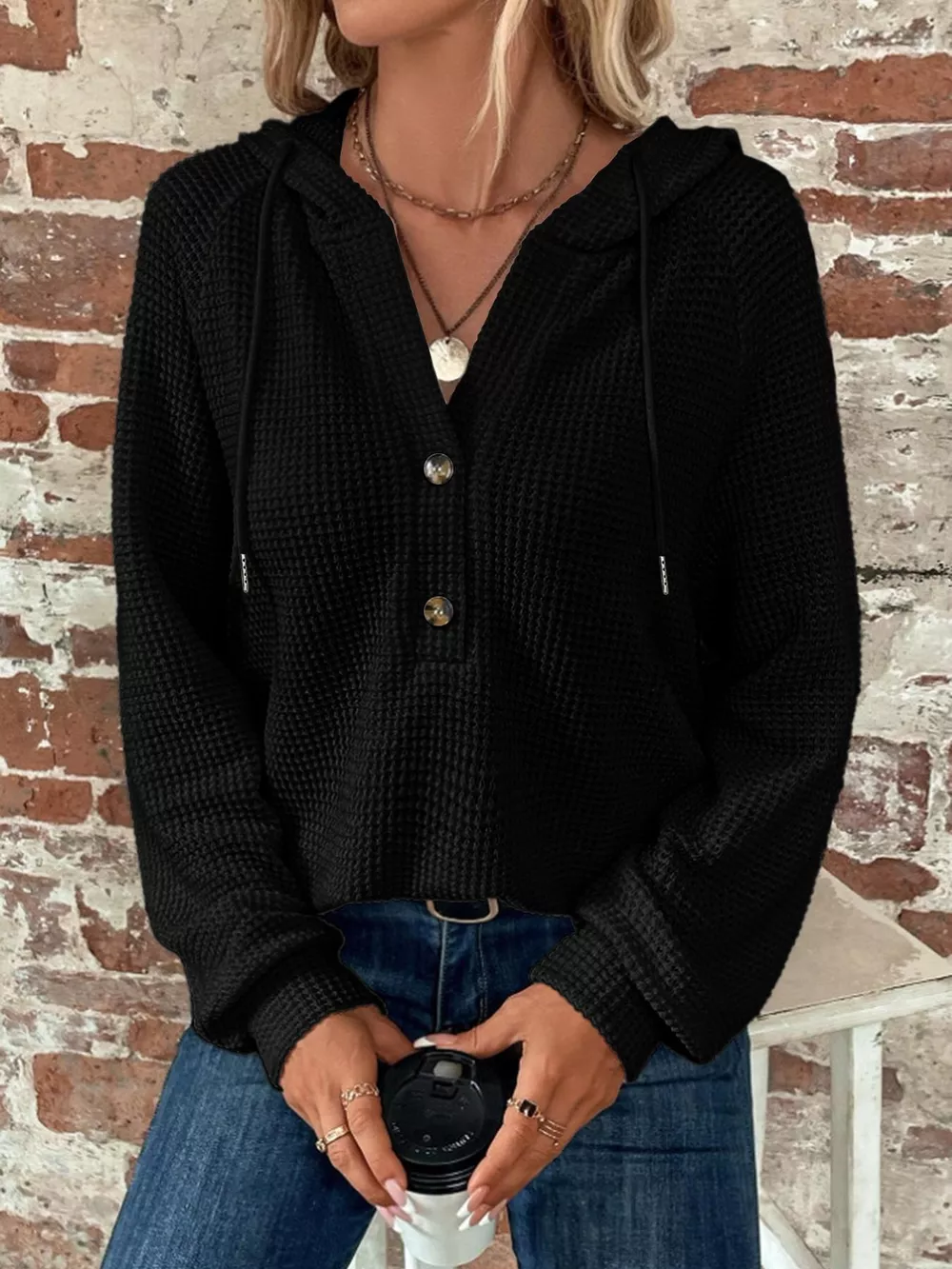 Waffle Knit Button Detail Hoodie, image 18