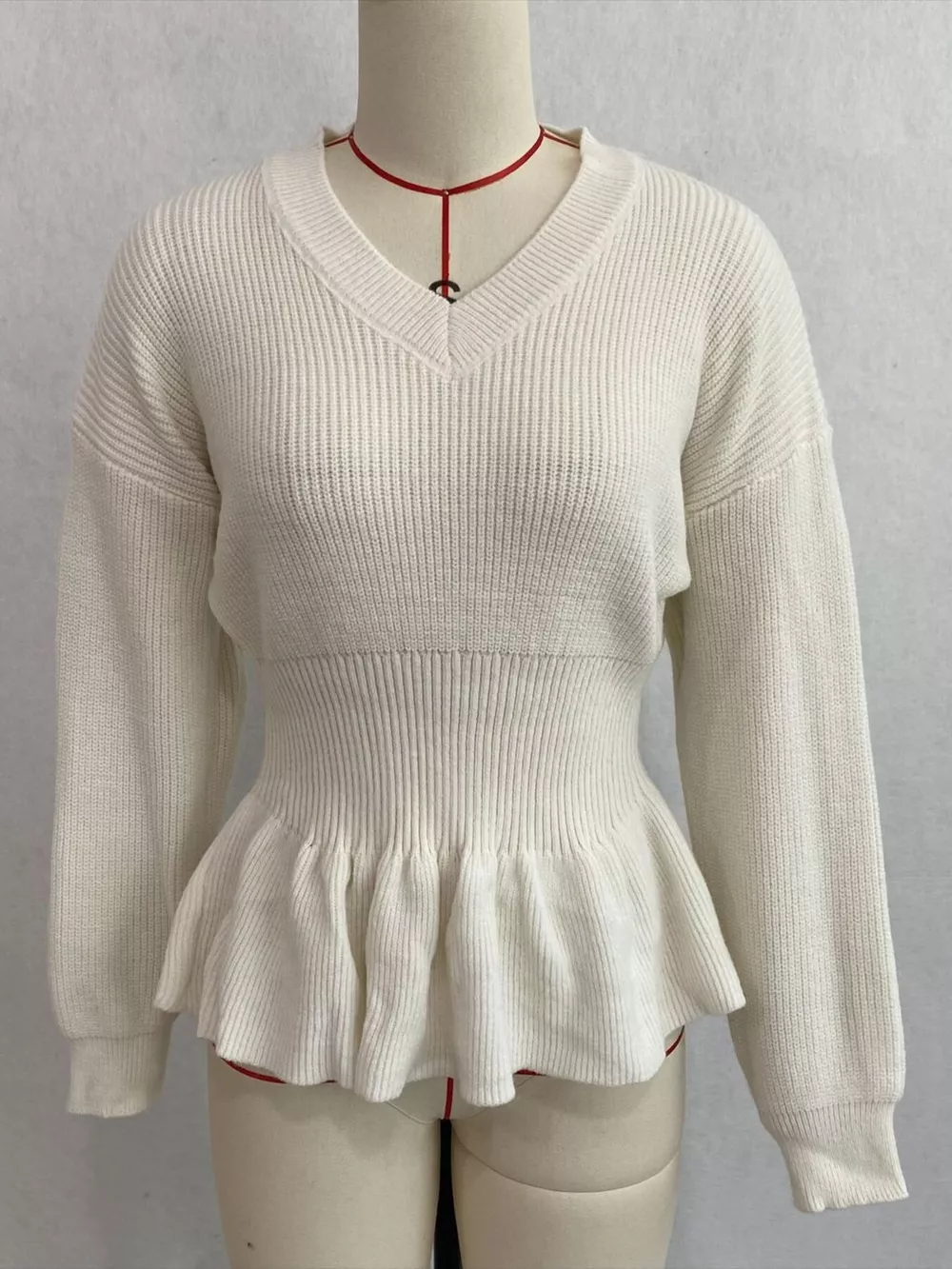 V-Neck Peplum Hem Ribbed Knit Top, image 6