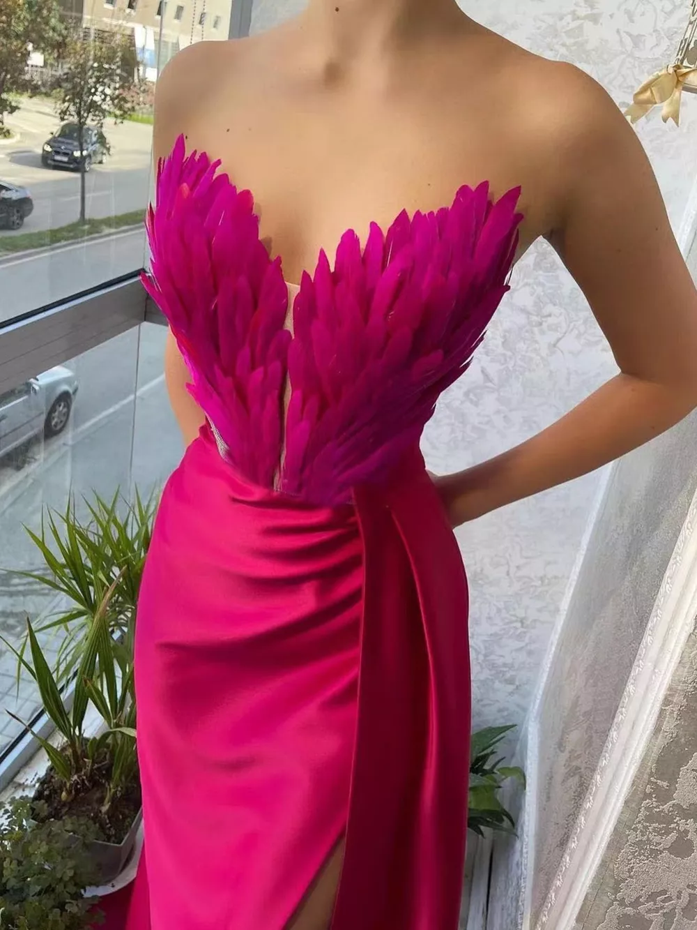 Feather Embellished Slit Maxi Dress, image 10