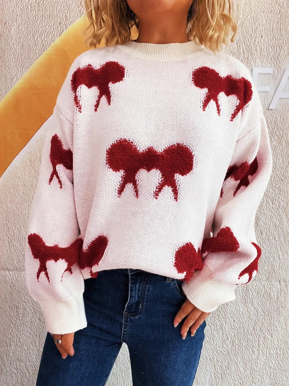Bow Pattern Round Neck Sweater, image 18