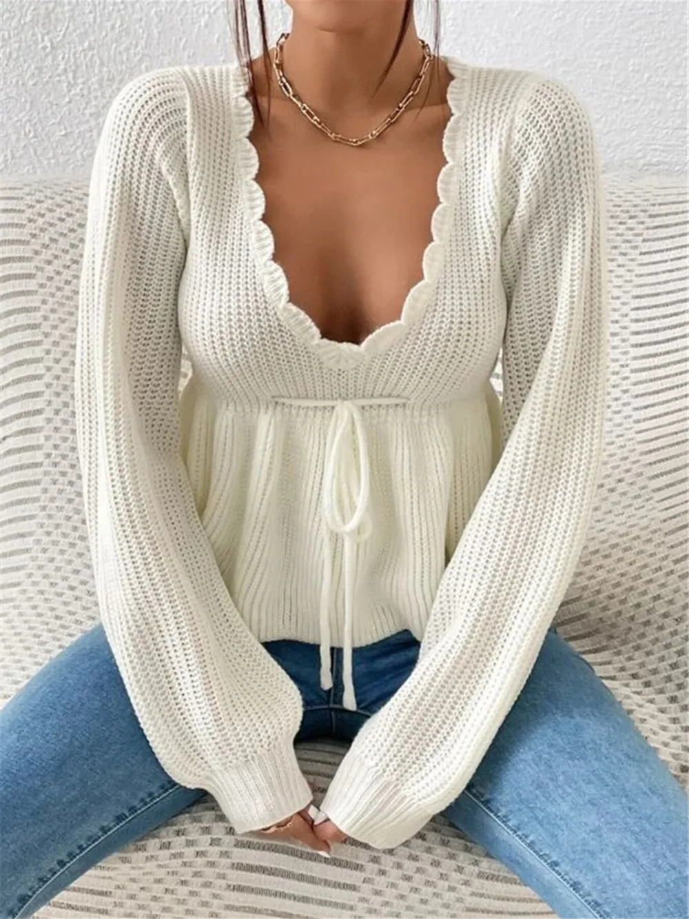 Scalloped V-Neck Drawstring Knit Top, image 5