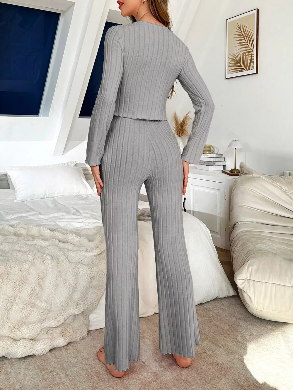 Bow Detail Ribbed Knit Top and Pants Lounge Set, image 16