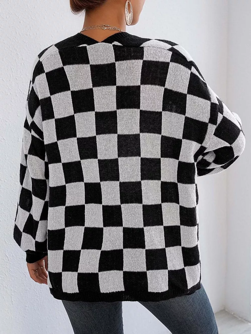 Checkerboard Pattern Open Front Knit Cardigan, image 6