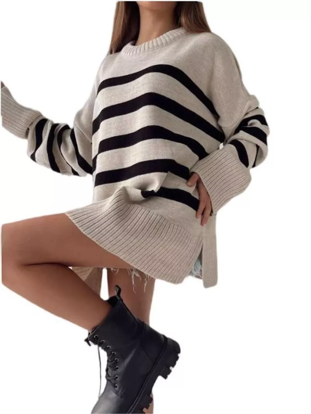 Side Slit Striped Oversized Knit Sweater, image 5