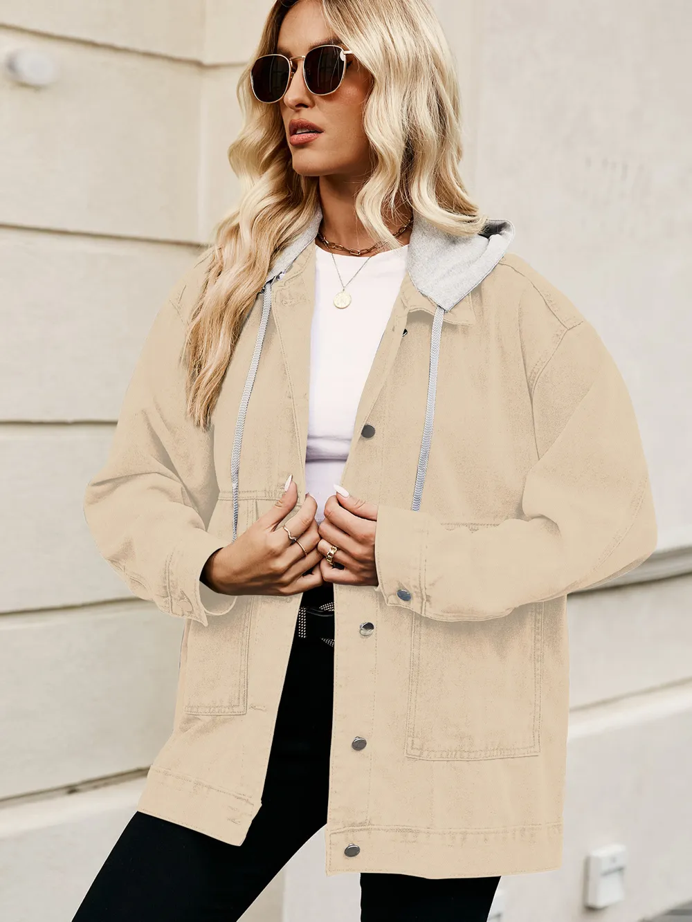 Oversized Button Up Denim Jacket with Hood, image 4