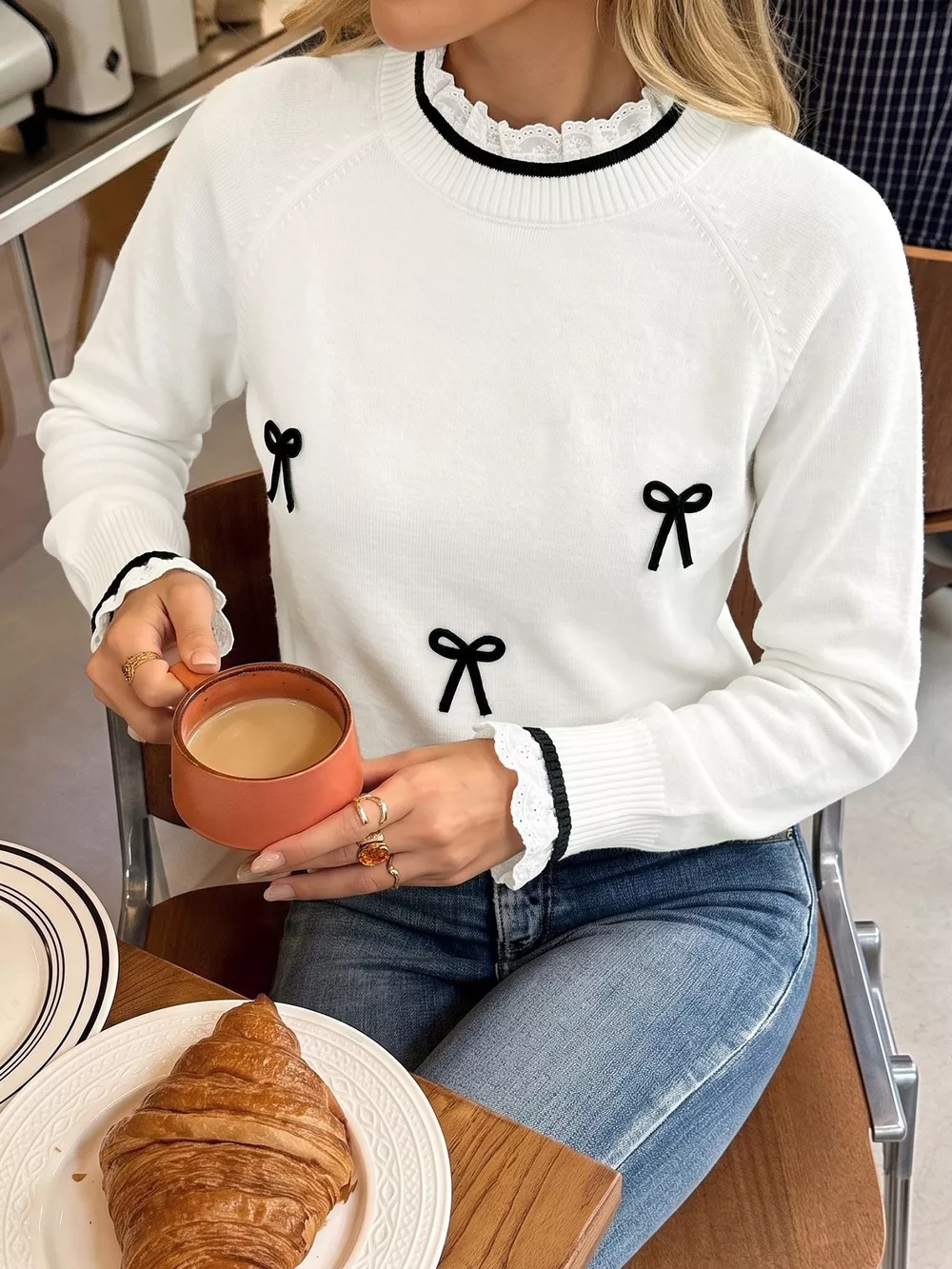 Bow-Embellished Lace Trim Sweater, image 4