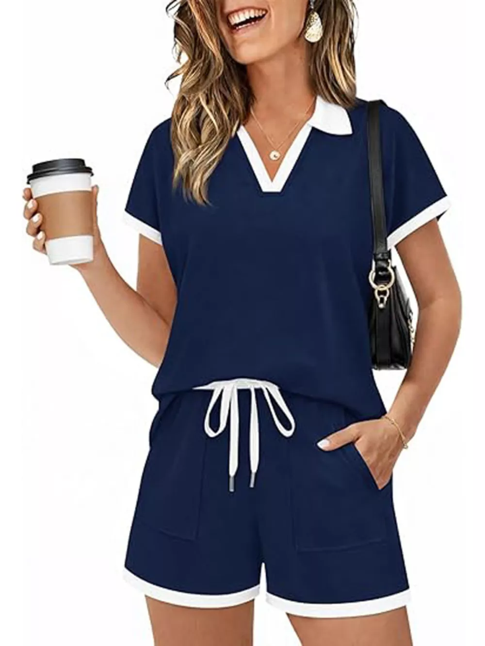 Polo Collar Short Sleeve Top and Shorts Set, image 3