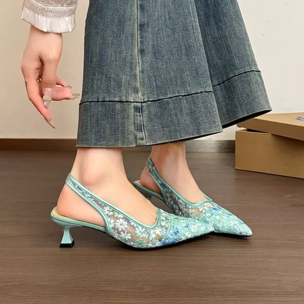 Lace Pointed-Toe Slingback Pumps, image 6