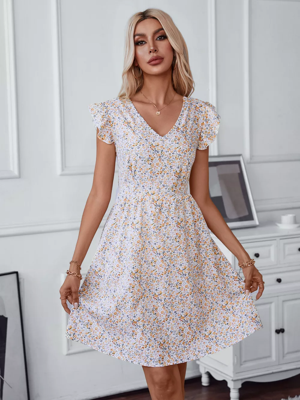Floral Print Lace Trim Tie Back Mini Dress