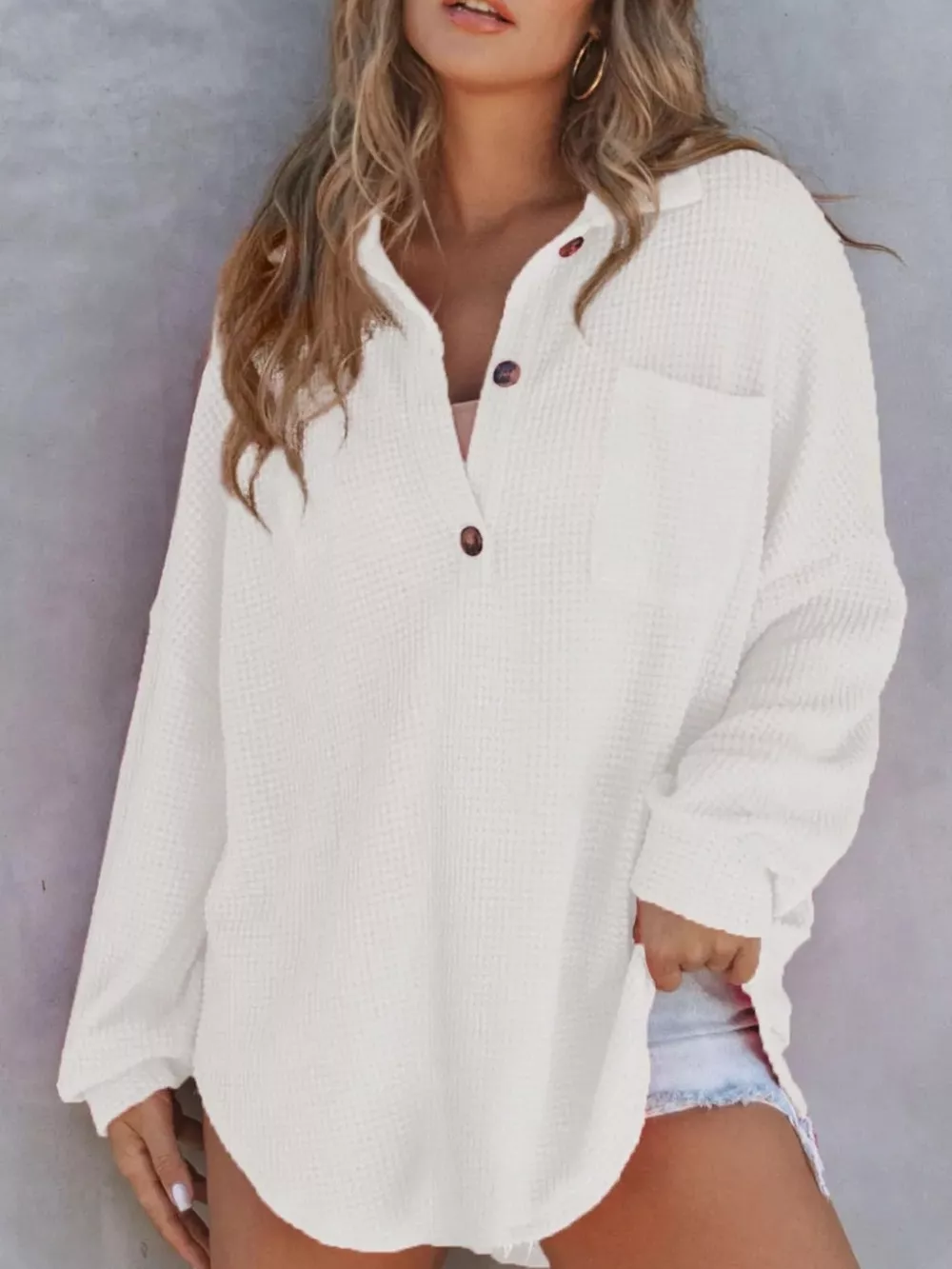Waffle Knit Button Detail T-Shirt with Pocket, image 19