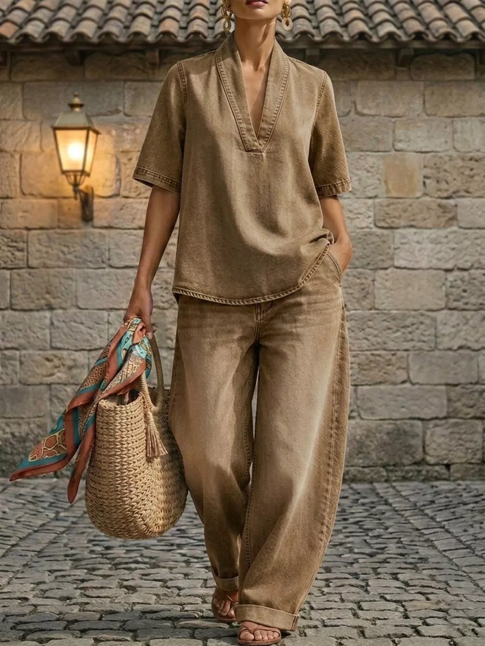Full Size Half Sleeve Top and Wide Leg Pants Set Plus Size, image 11