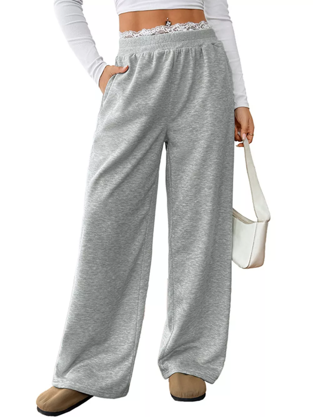 Lace Detail Wide Leg Casual Pants, image 2