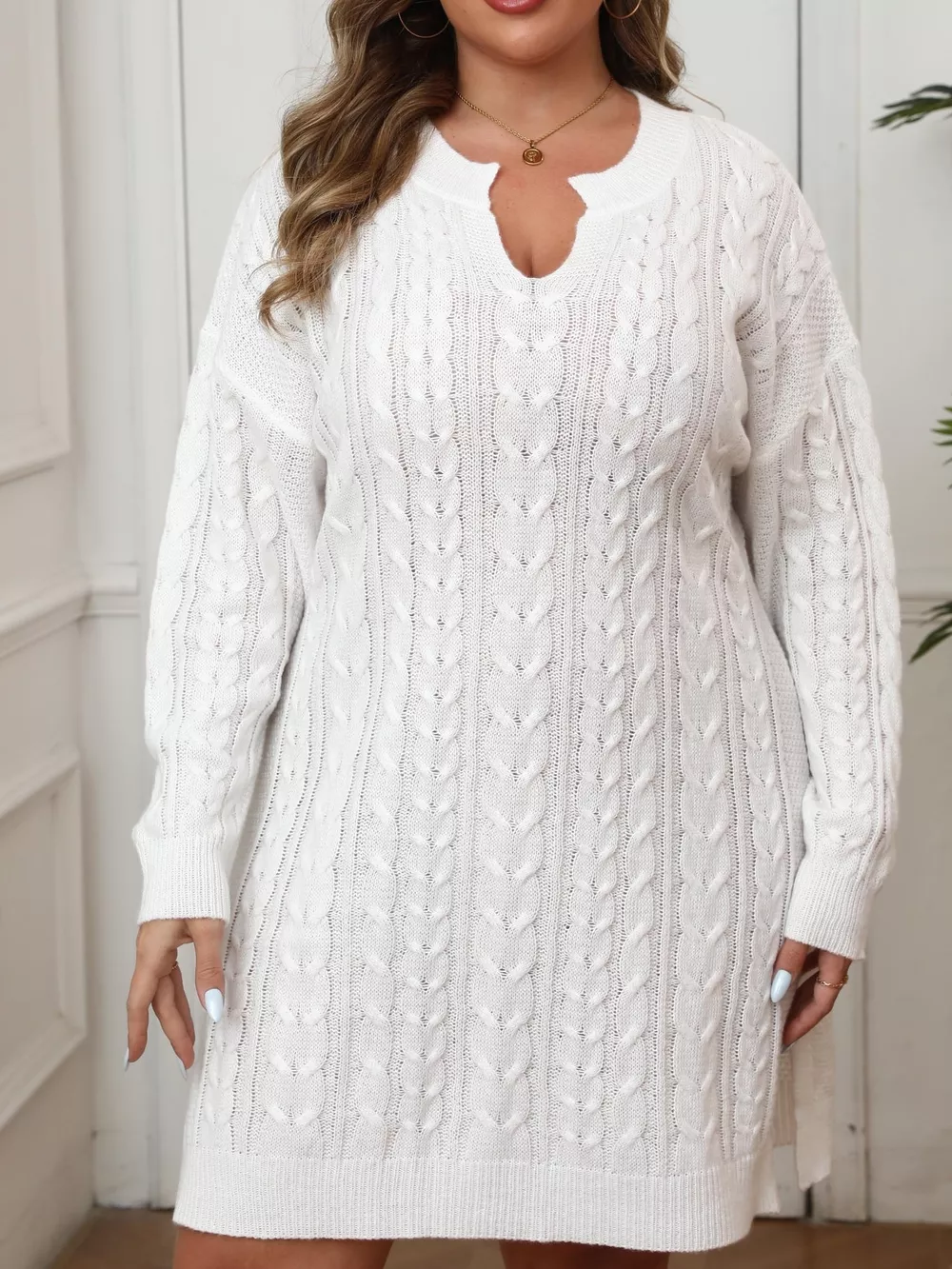 Plus Size Cable Knit Long Sleeve Sweater Dress, image 9