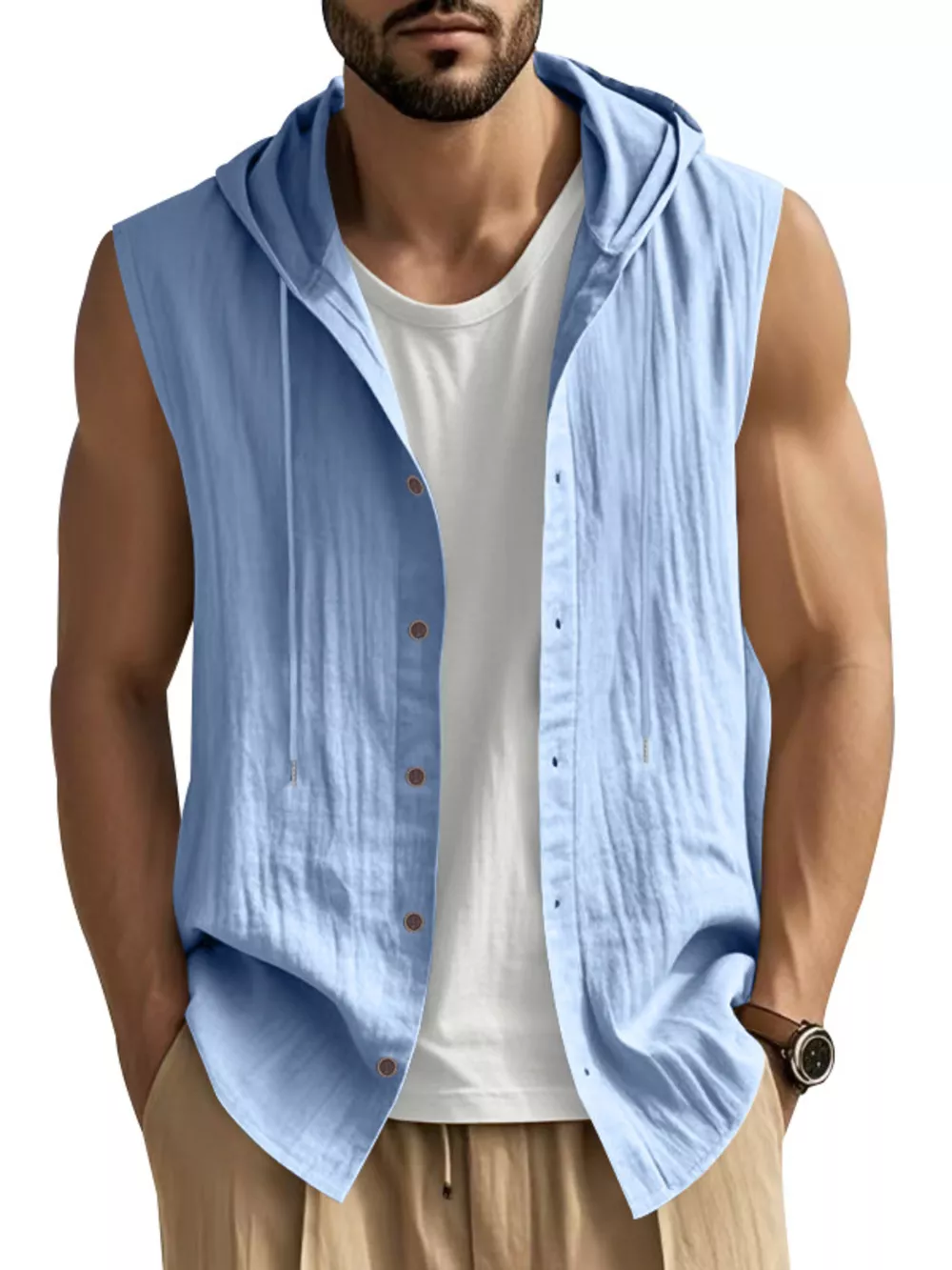 Men's Full Size Casual Sleeveless Hooded Button-Down Top Plus Size, image 11