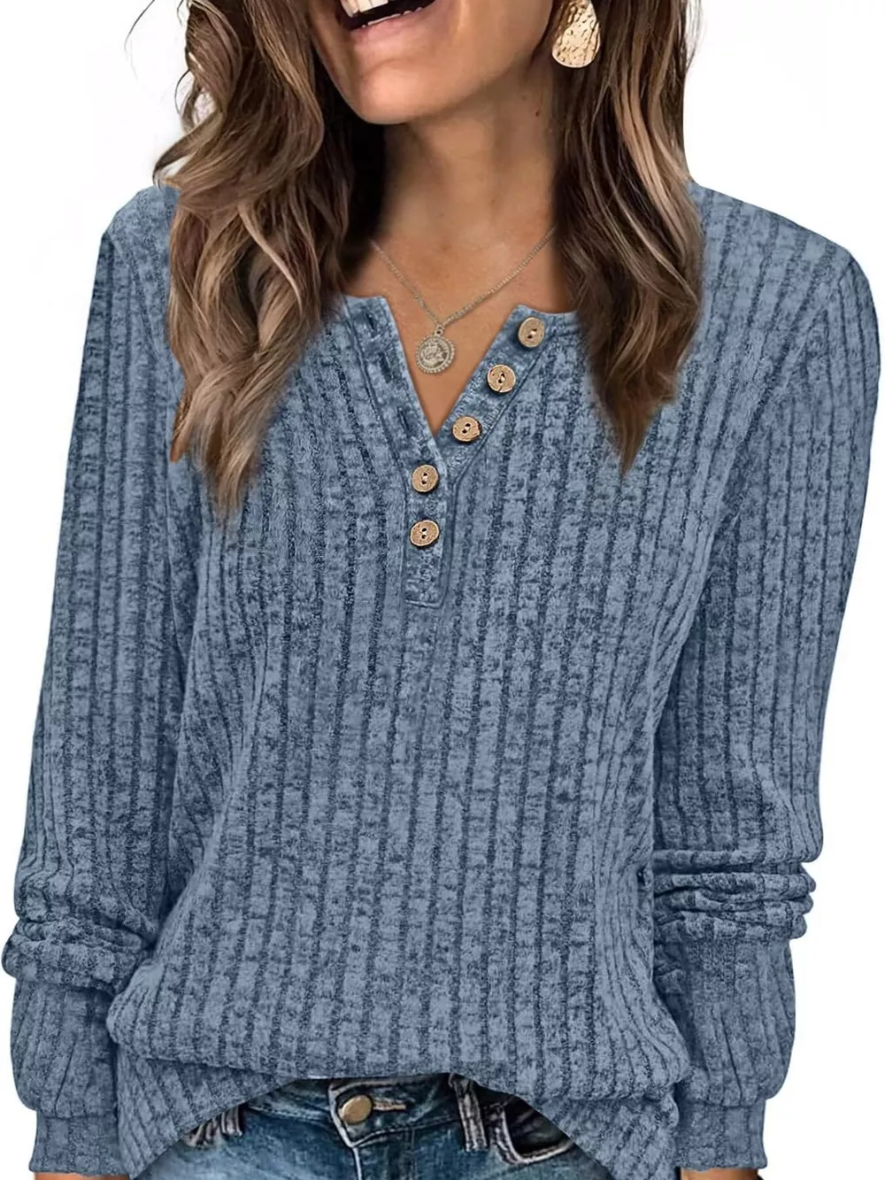 Ribbed Knit Button-Front Long Sleeve T-Shirt, image 16