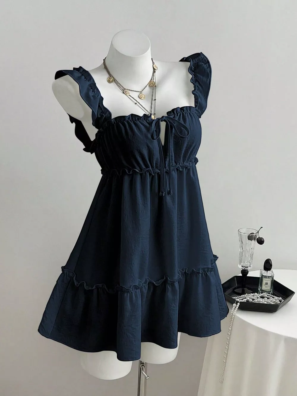Ruffled Square Neck Tie-Front Mini Dress, image 3