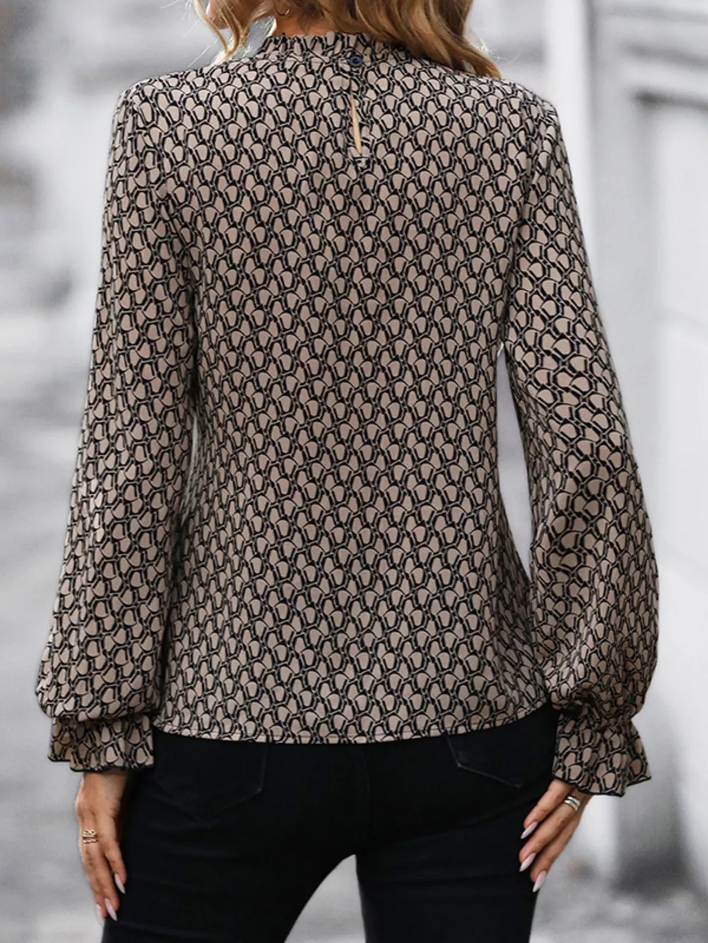 Printed Tie-Waist Flounce Sleeve Blouse, image 4