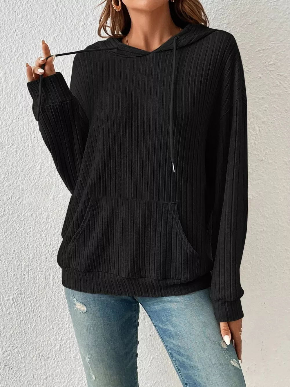 Ribbed Knit Long Sleeve Drawstring Hoodie, image 8