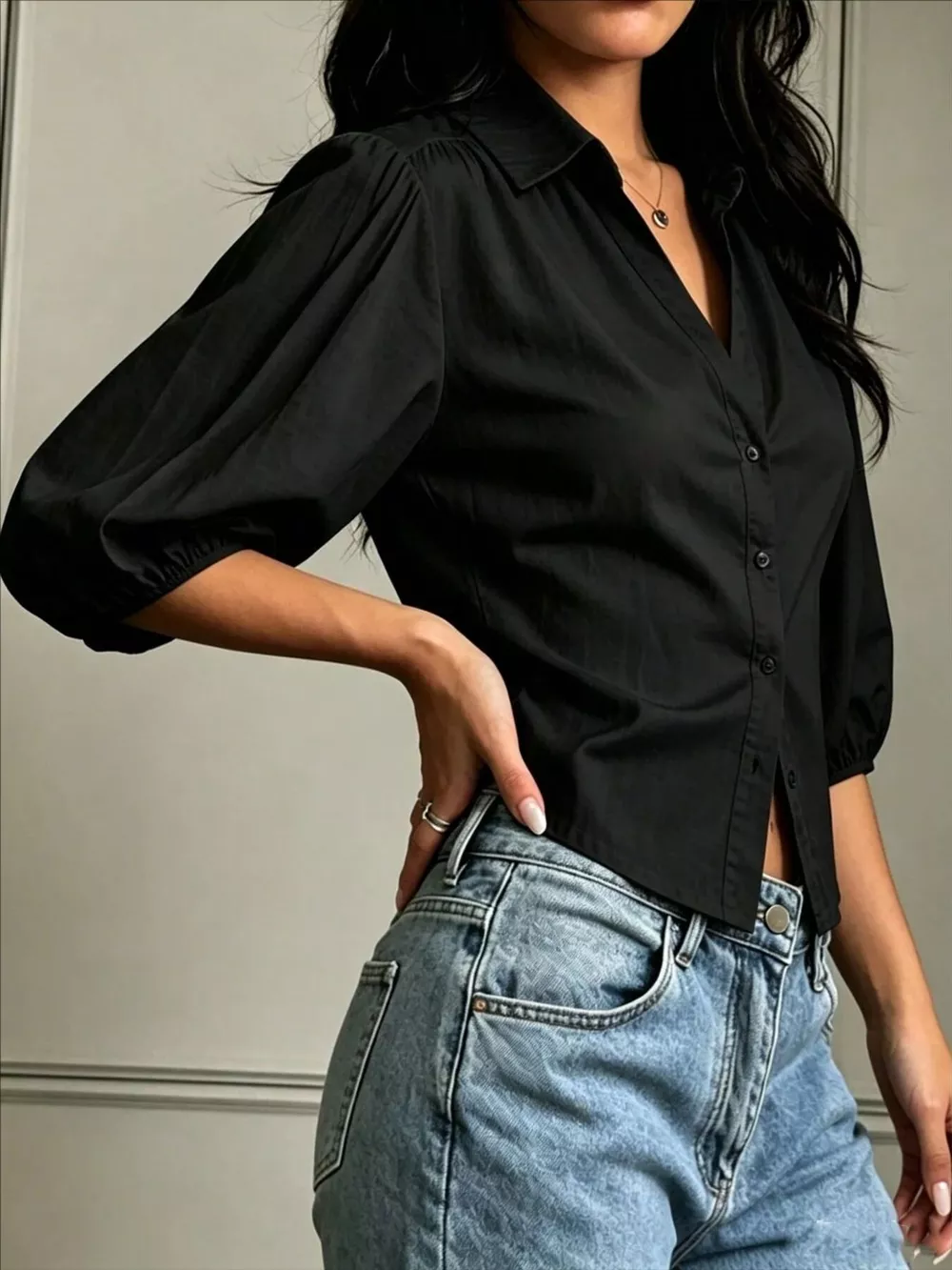 Button-Down Shirt with Puff Sleeves, image 8