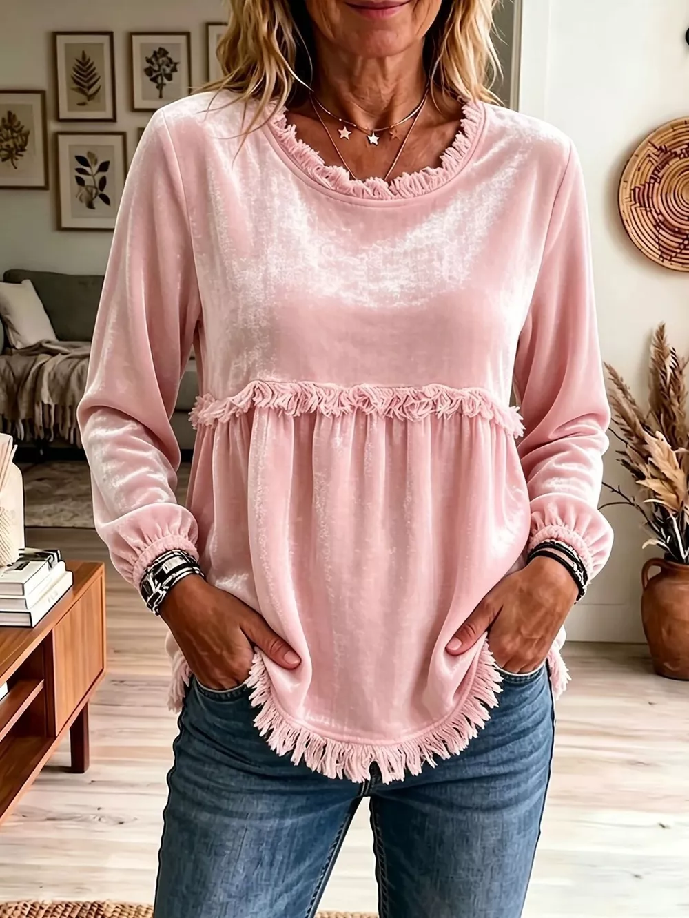 Fringed Hem Long Sleeve T-Shirt, image 10