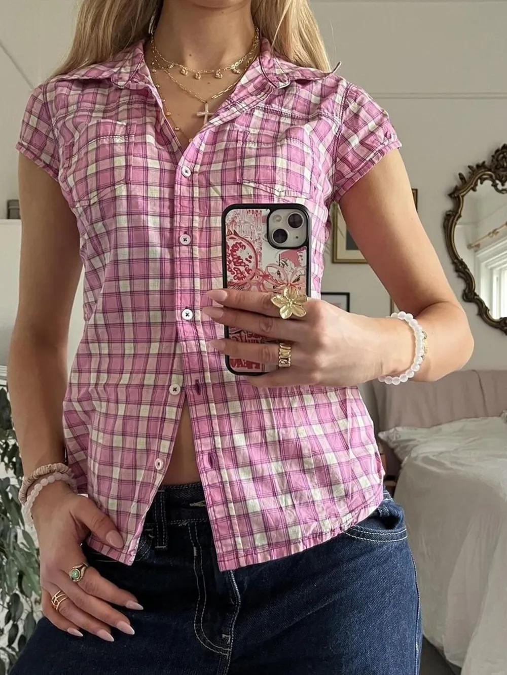 Plaid Cap Sleeve Button-Up Shirt, image 3