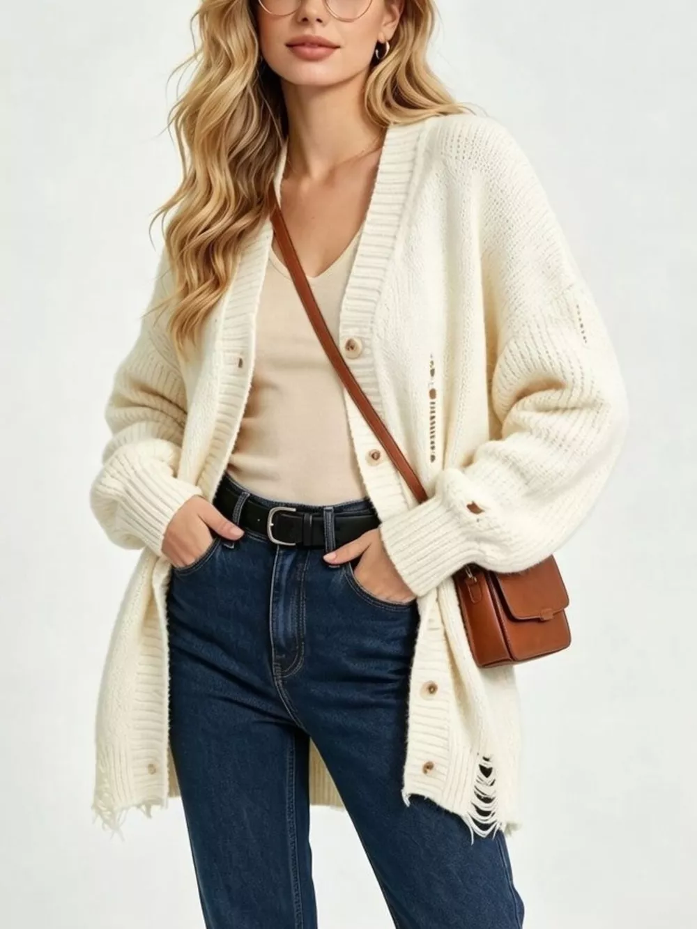 Full Size Distressed Oversized V-Neck Button-Down Cardigan Plus Size