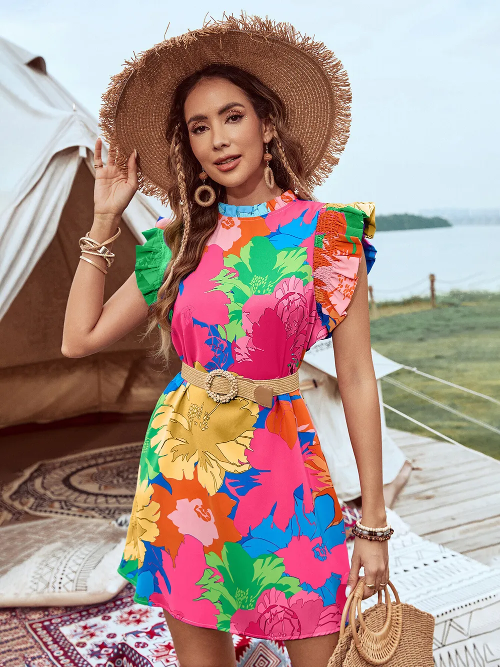 Printed Ruffled Cap Sleeve Mini Dress, image 3