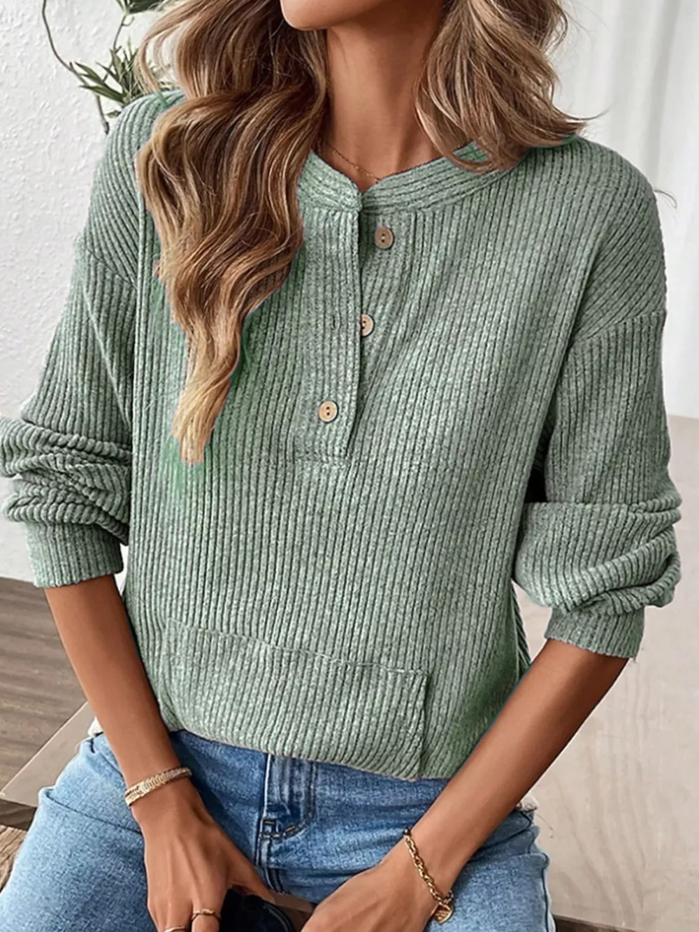 Ribbed Button Detail Long Sleeve T-Shirt, image 6