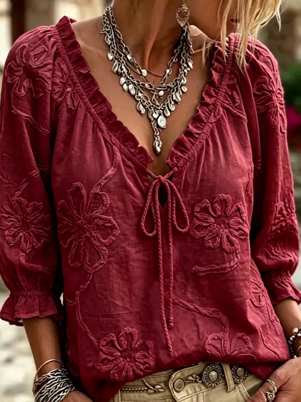 Floral Tie Neck 3/4 Sleeve Blouse, image 2