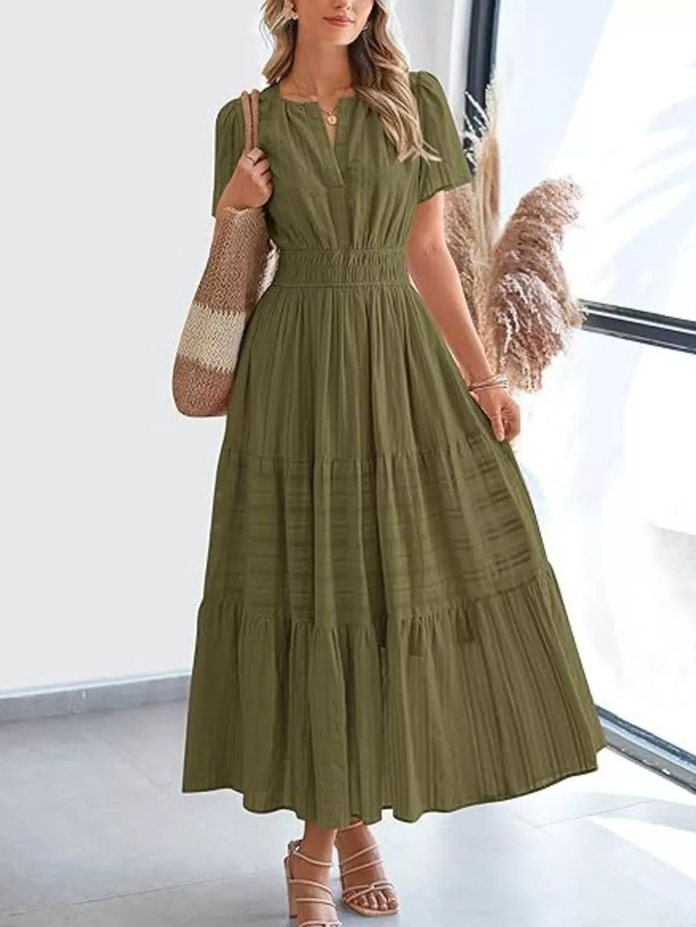 Full Size Short Sleeve Tiered Midi Dress Plus Size, image 19