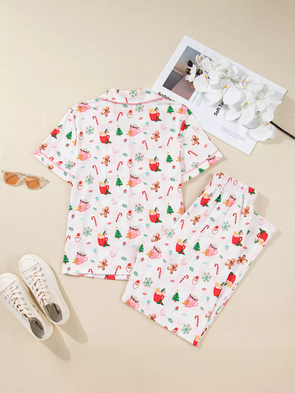 Christmas Spirit Cute Holiday Print Short Sleeve Shirt and Pants 2pcs Pajama Set, image 3