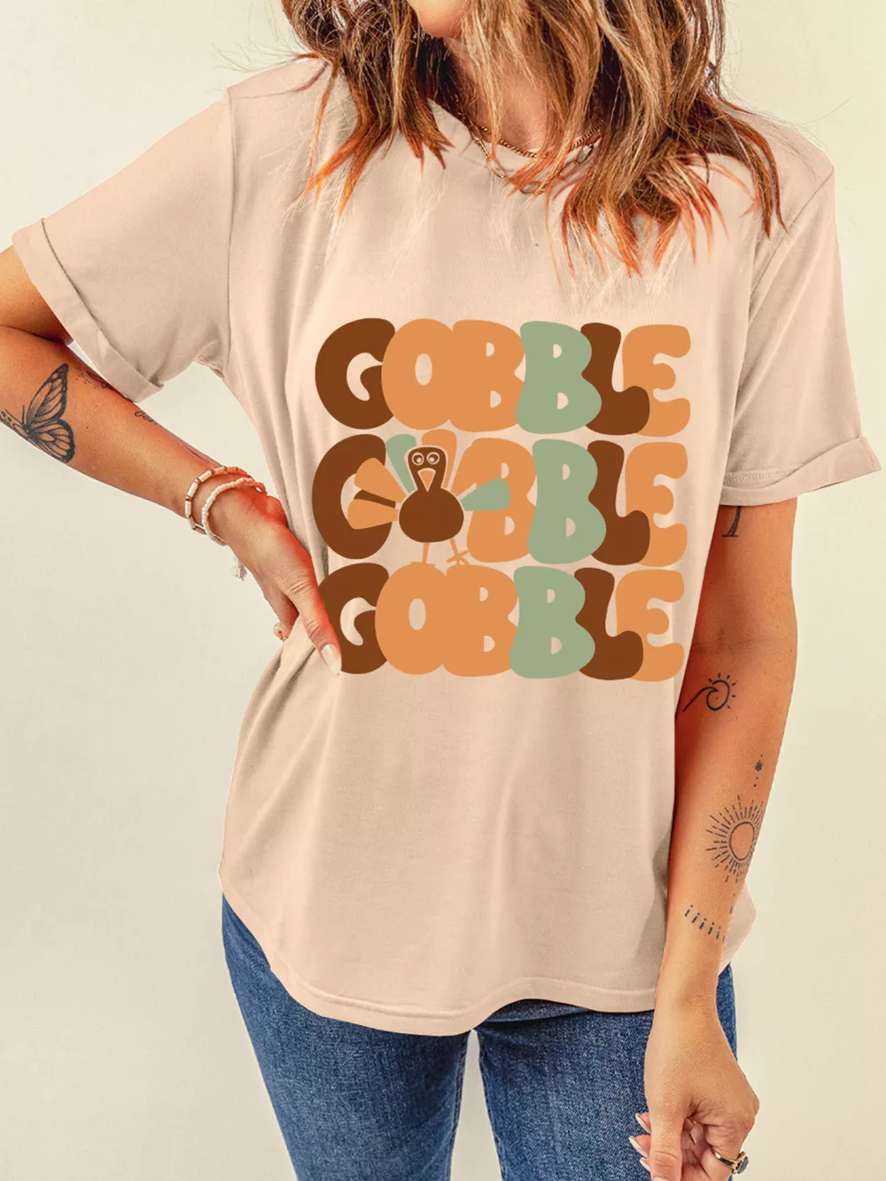 GOBBLE Turkey Graphic Thanksgiving Round Neck Tee