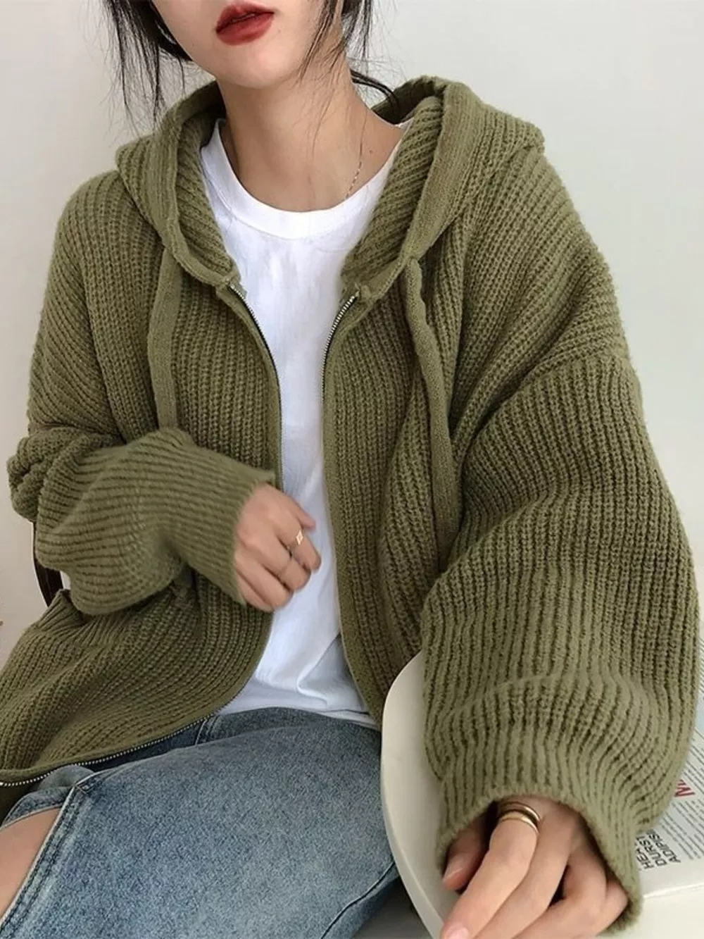 Casual Knitted Zip-Up Hooded Cardigan, image 3