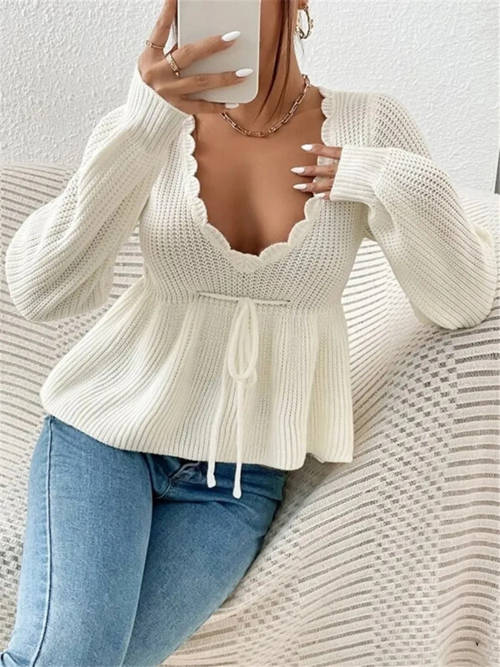 Scalloped V-Neck Drawstring Knit Top, image 7