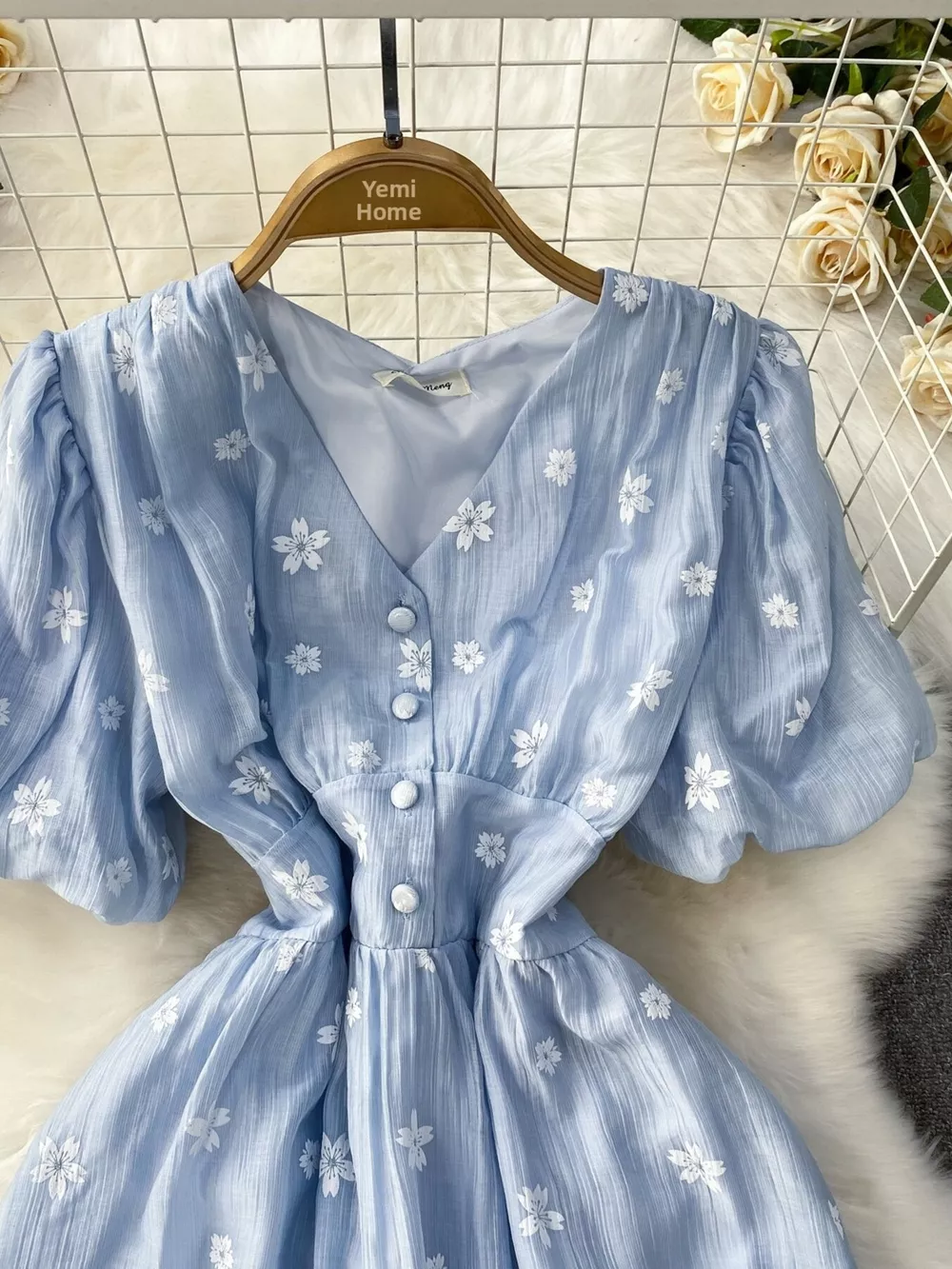 Floral Puff Sleeve A-Line Midi Dress, image 4