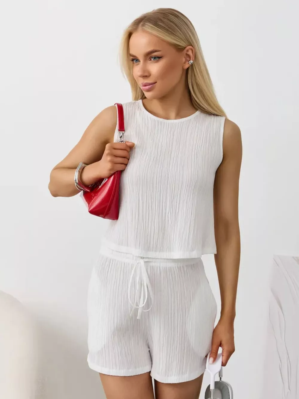 Textured Round Neck Tank and Shorts Set, image 3